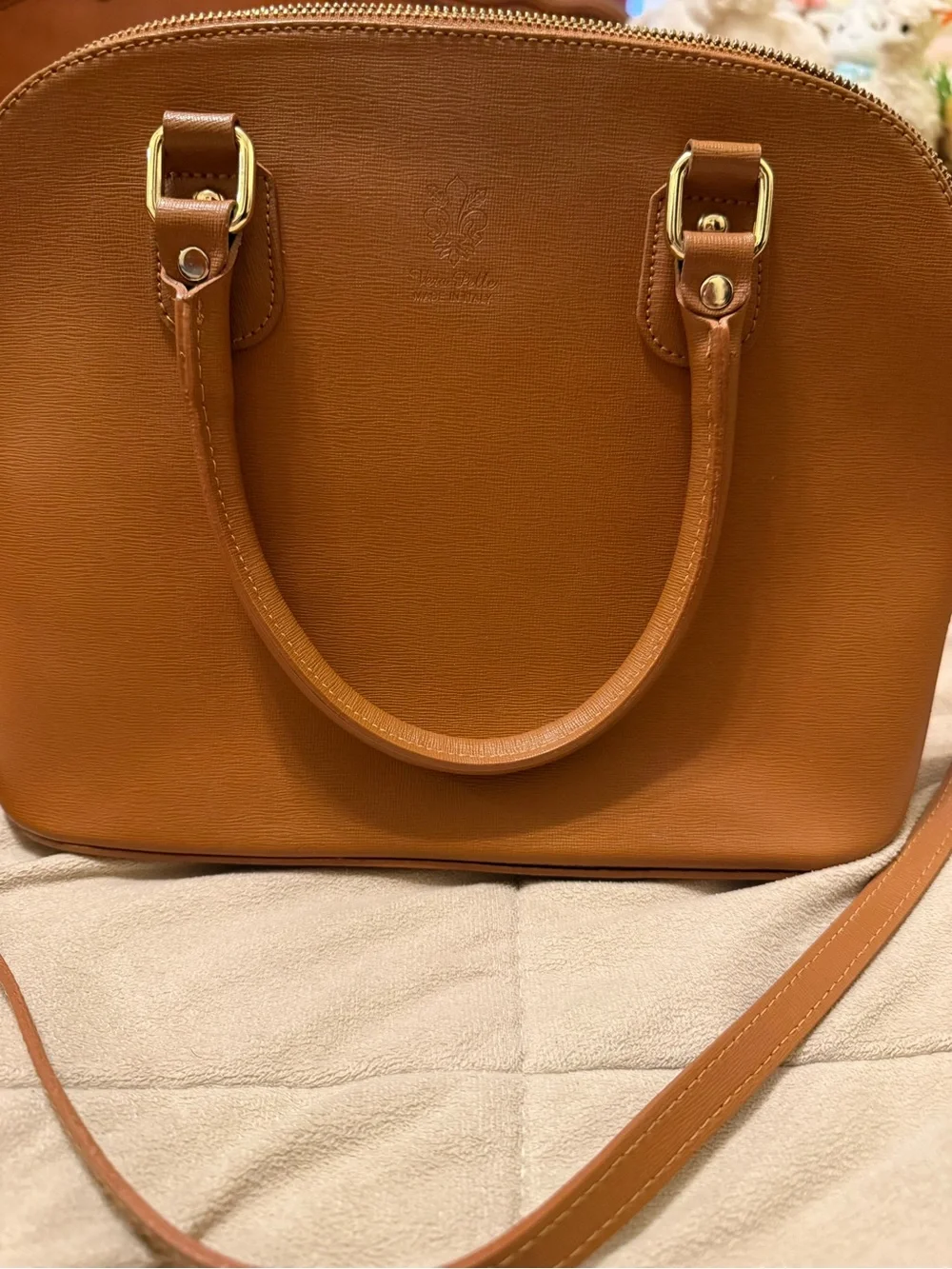 Verapelle made in Italy Structured Women’s Satchel in Cognac Tan